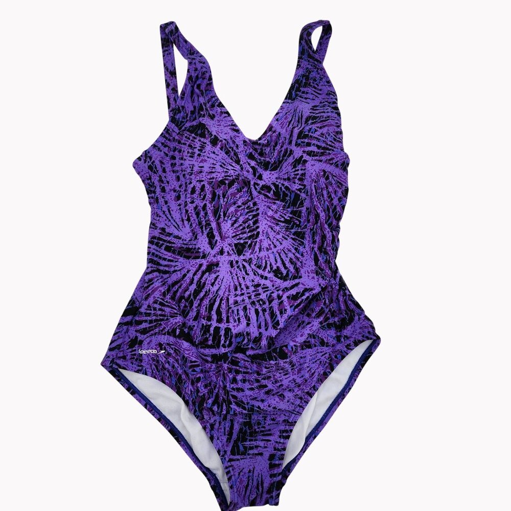 Speedo Womens 8 One Piece Swimsuit Purple Black Print V Neck Padded Bra top